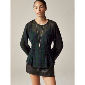J. Crew Black Watch Tartan Shirred-Waist Top CF444 Cooper Green Blue Size 0 NWT